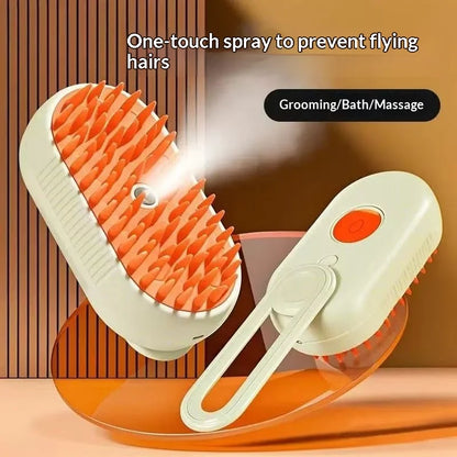 Steam spray pet grooming brush with orange bristle head and handheld sprayer attachment