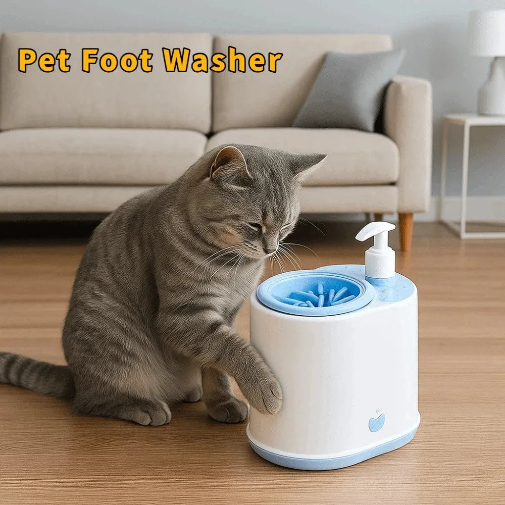 Pet foot washer with soap pump and blue massage cup, shown with a grey cat