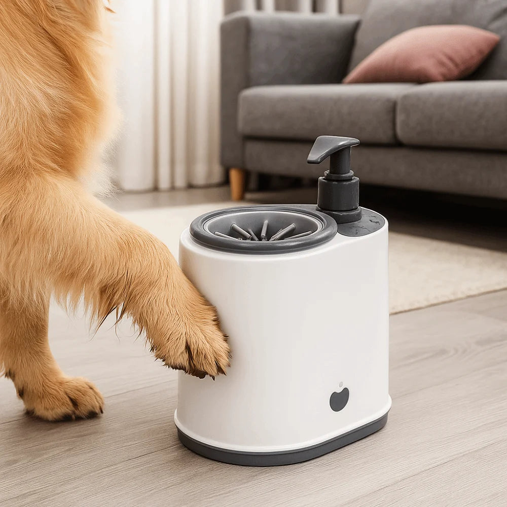 Pet foot washer with pump and round massage cup, shown with a dog’s front paw