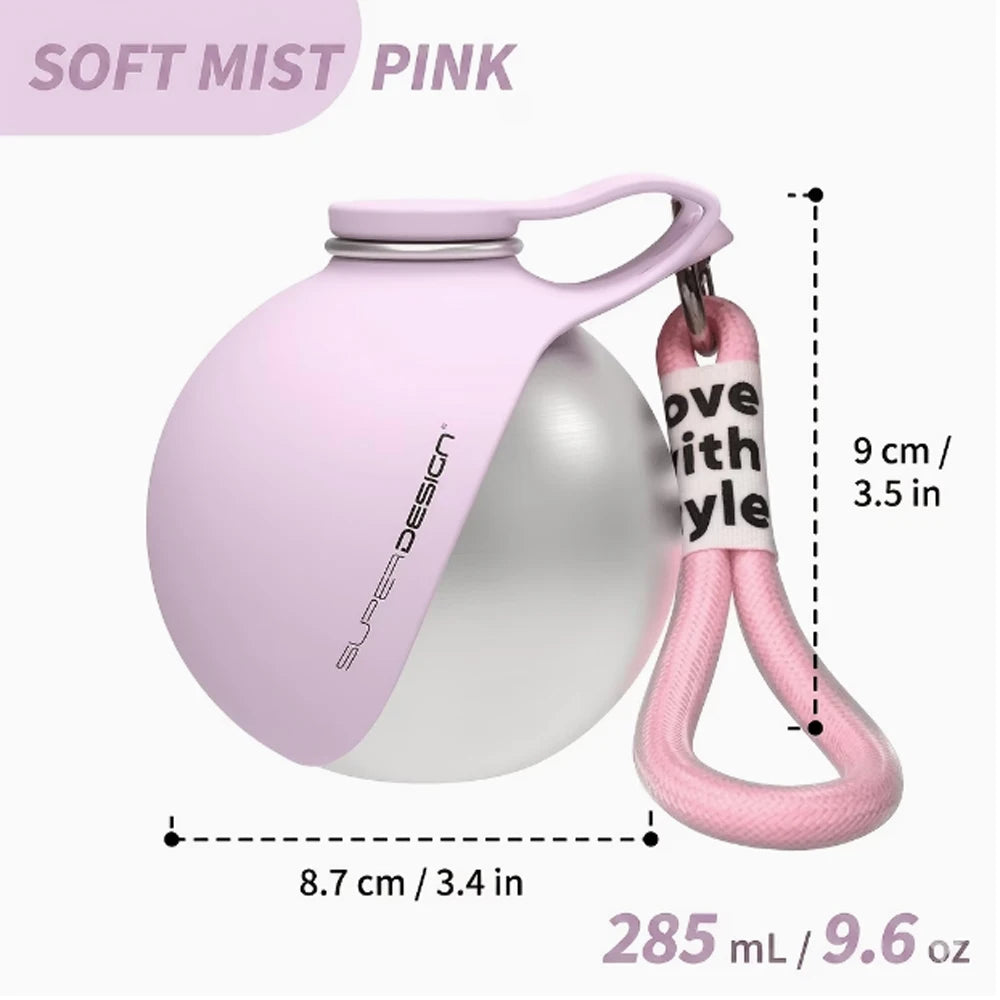 2-in-1 portable dog water bottle with bowl, soft pink, with carry strap