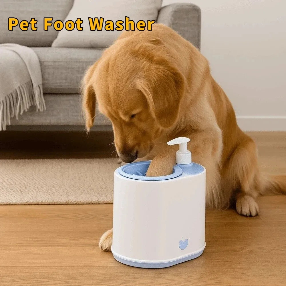 Pet paw washer on floor, blue basin with pump and golden dog paw