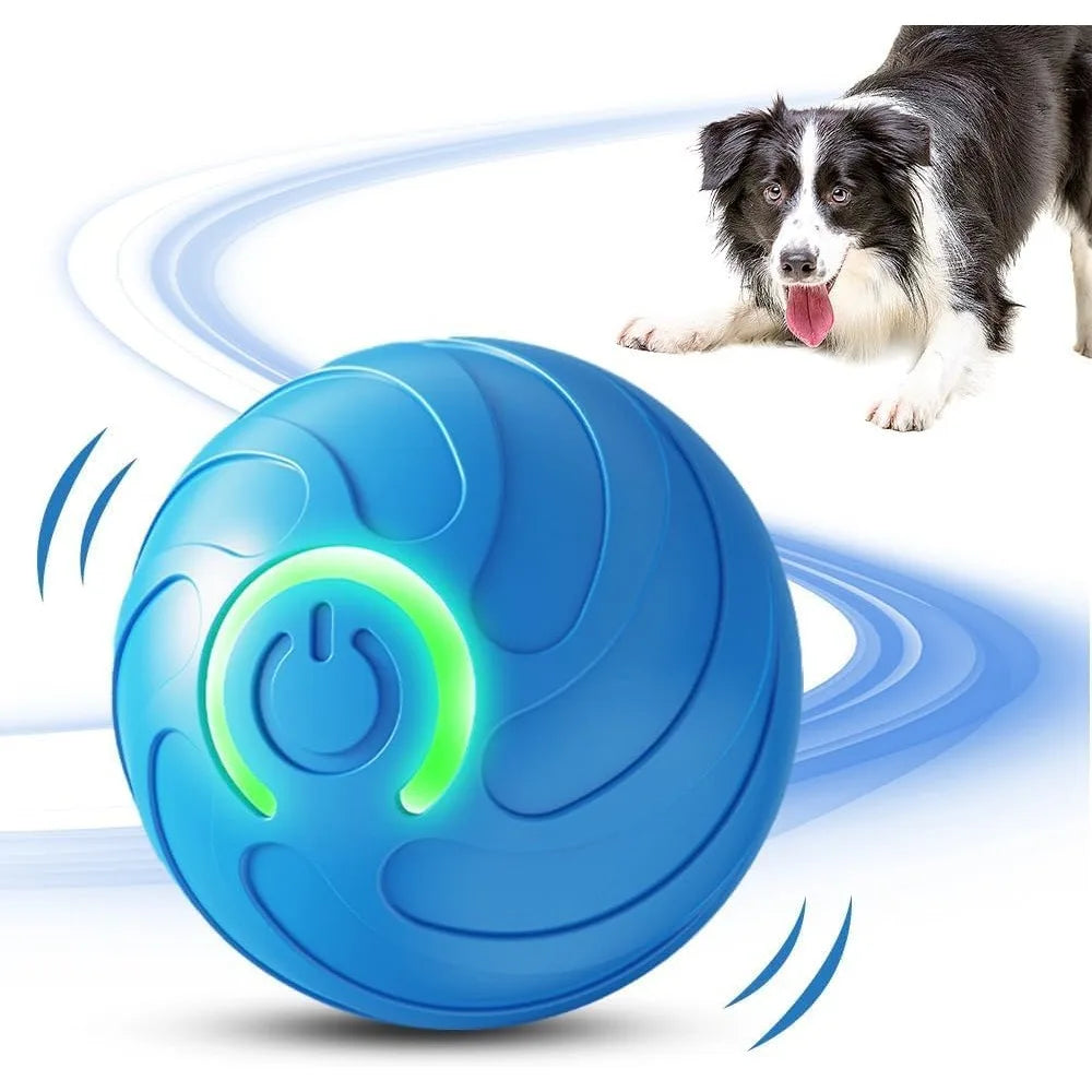 Blue automatic cat toy ball with glowing power button and rolling chase waves