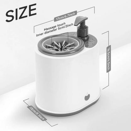 Pet foot washer with measurements, circular massage cup and top pump, grey base