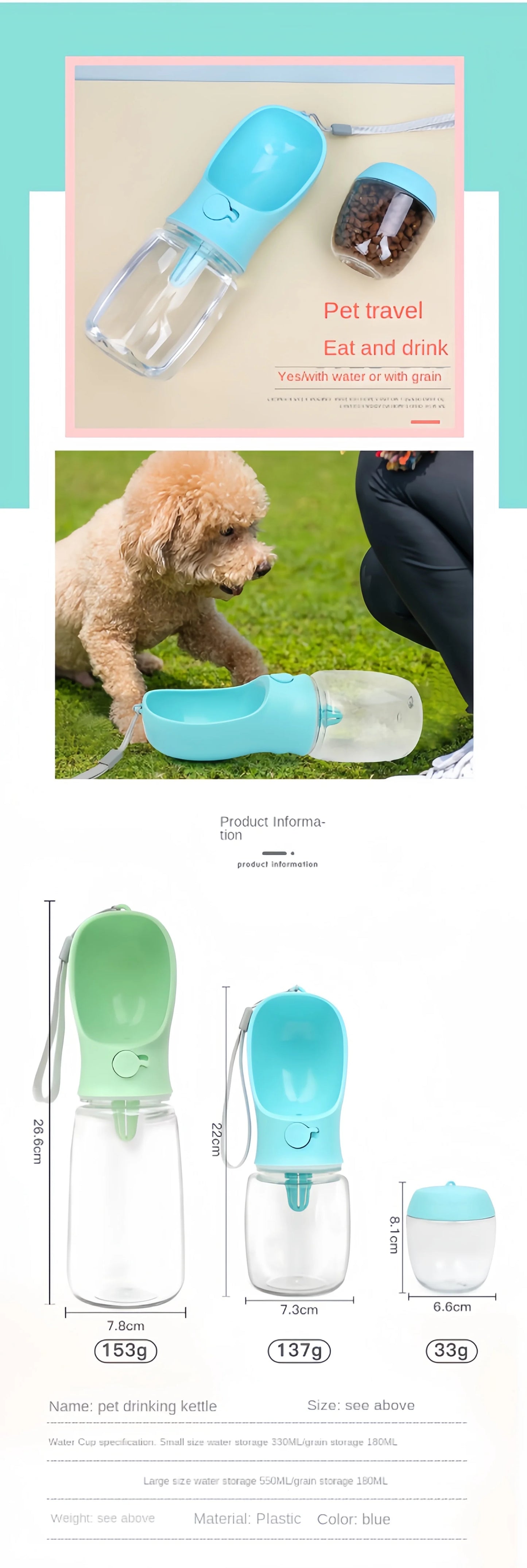 2-in-1 Pet Water Bottle with Food Storage Portable Dog Travel Feeder