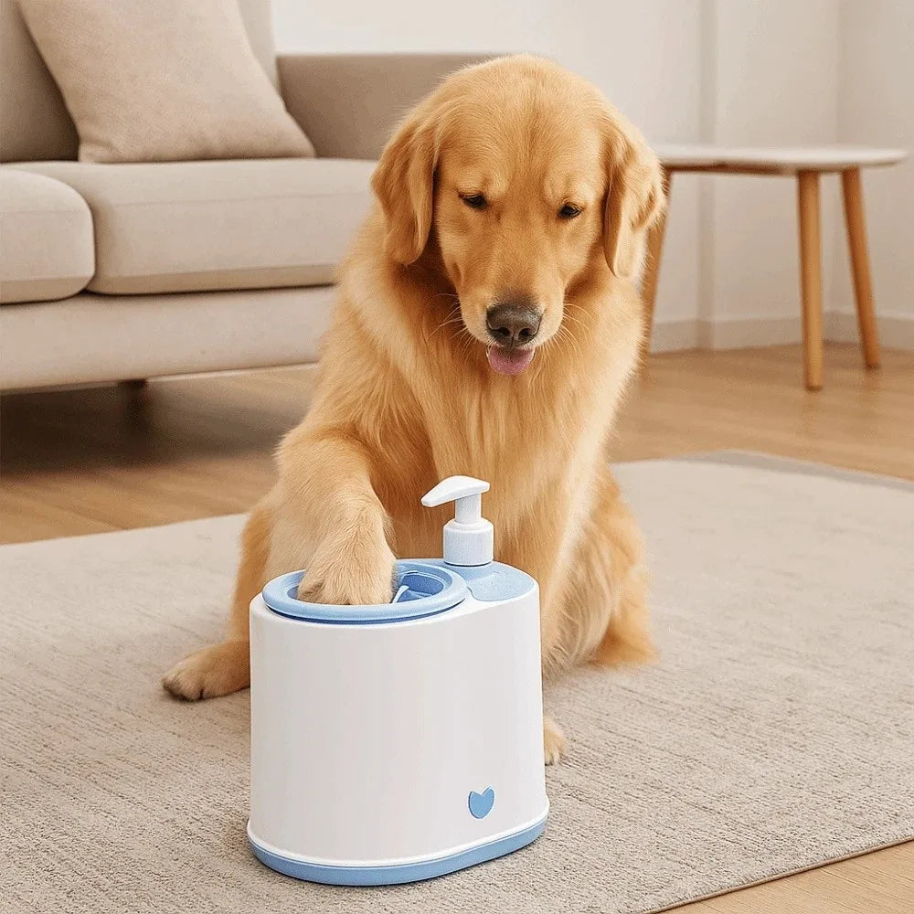 Pet paw washer with soap pump, white base and blue rim