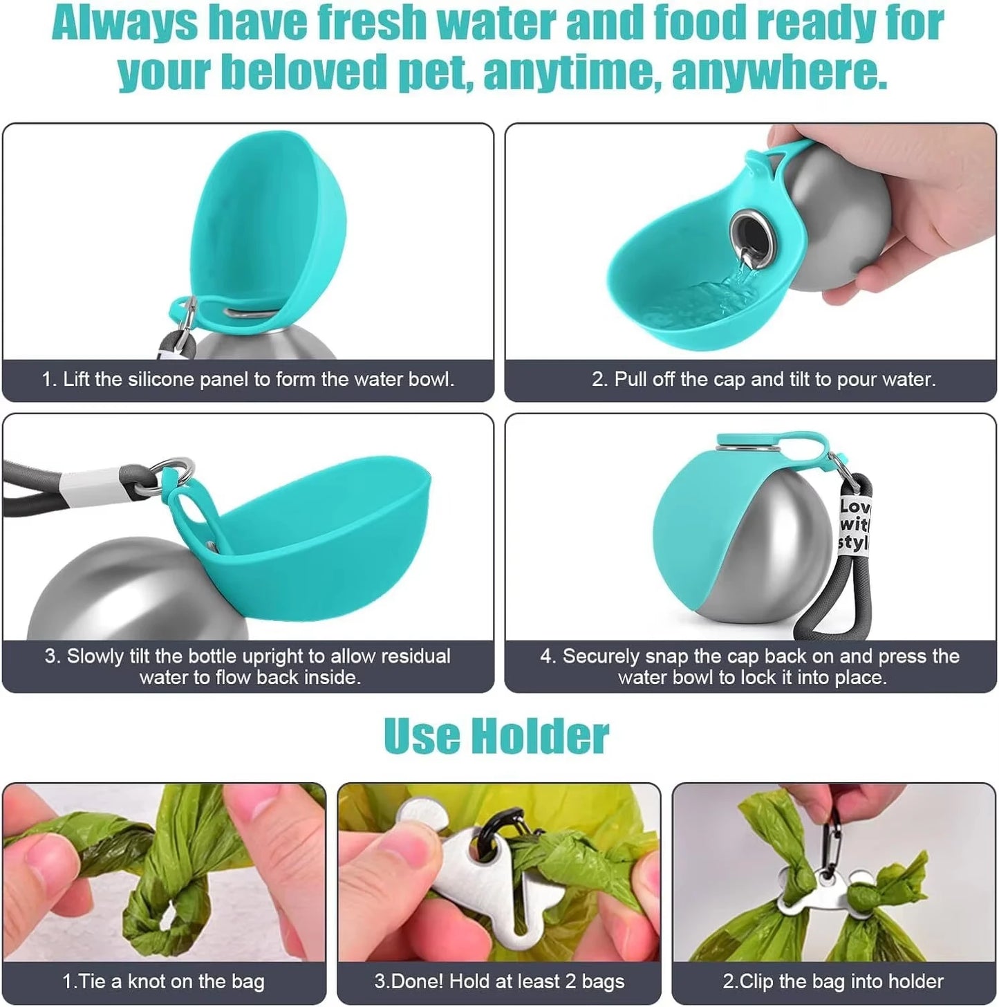 Portable 2-in-1 Dog Water Bottle 285ml Leak-Proof Stainless Steel Bowl