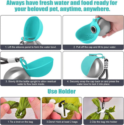 Portable 2-in-1 Dog Water Bottle 285ml Leak-Proof Stainless Steel Bowl