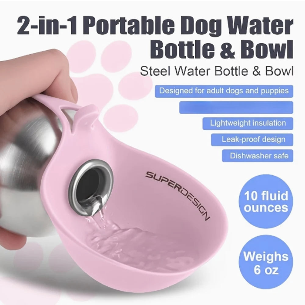 2-in-1 portable dog water bottle with bowl, pink, stainless-steel insert and spout