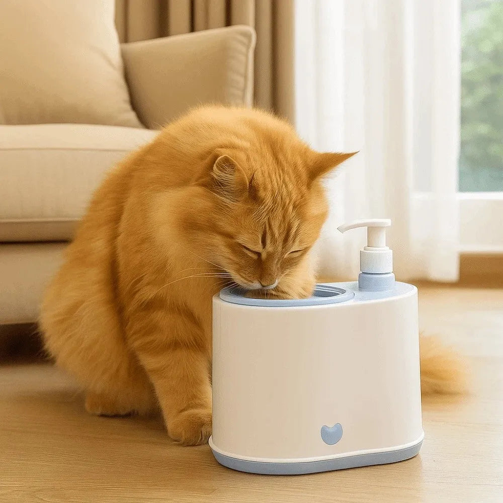 Pet foot washer with soap pump and round massage cup, shown with a cat