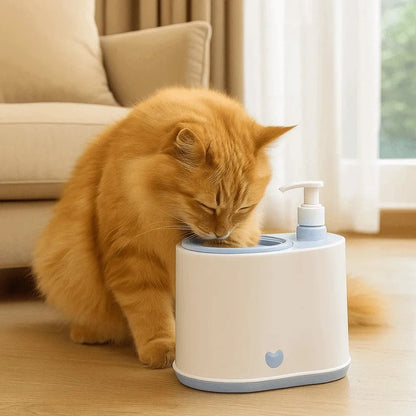 Pet foot washer with soap pump and round massage cup, shown with a cat