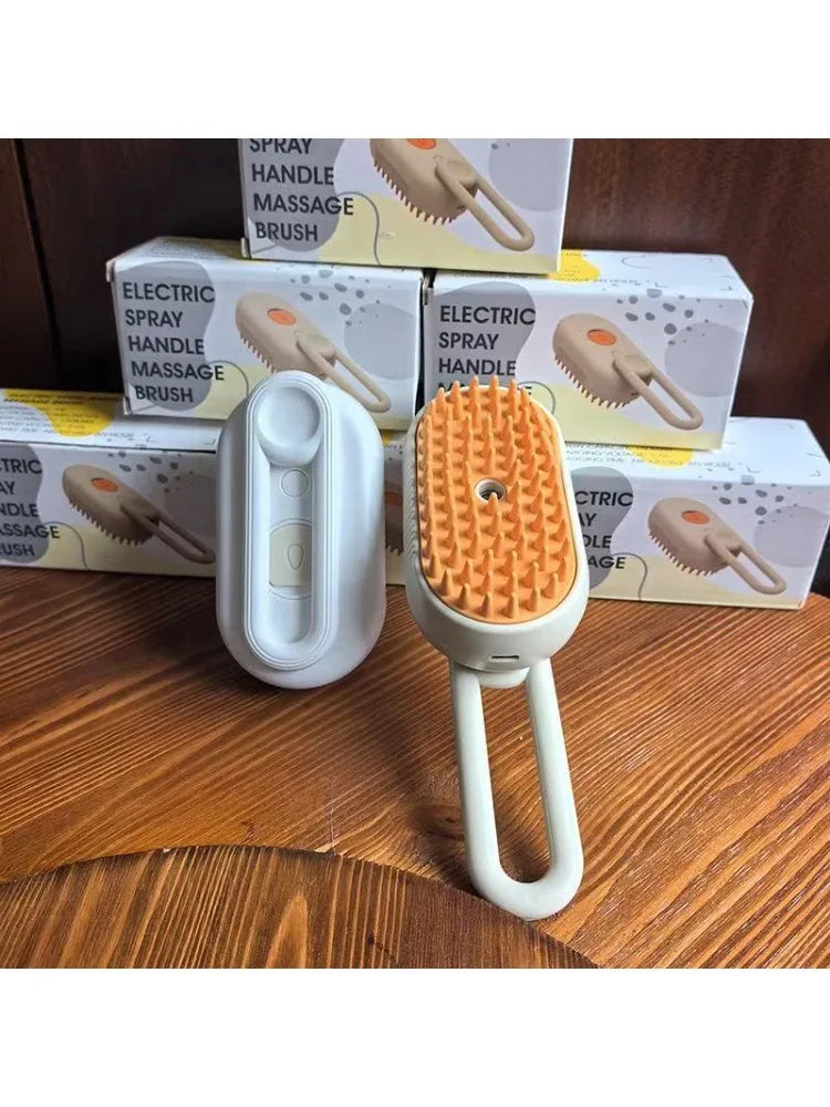Electric steam spray pet brush with orange pin head and rounded white spray handle