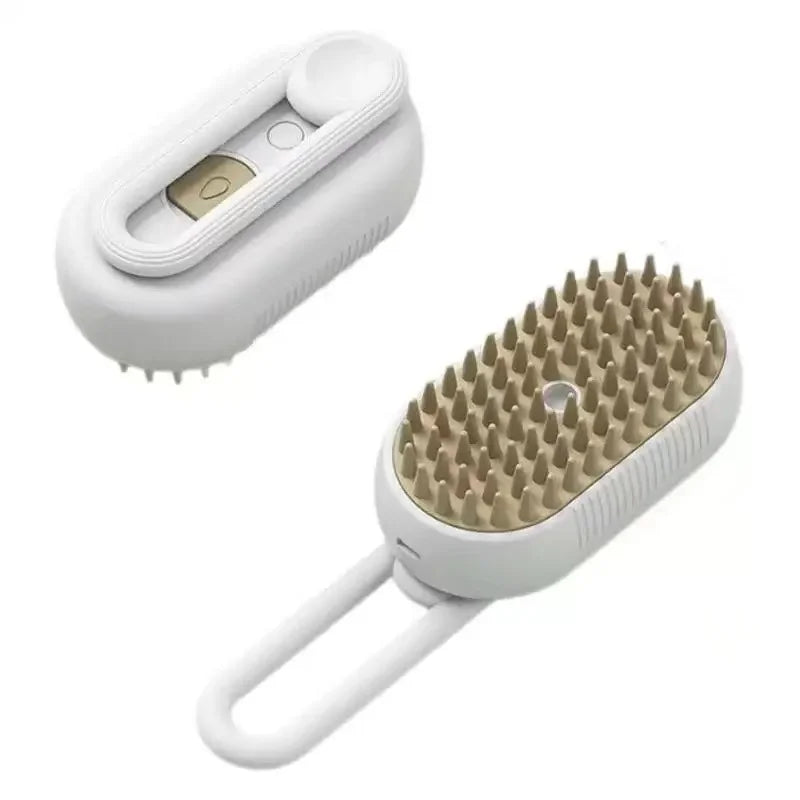 Two-sided pet grooming brush: tan pin head on white handle with steam spray base