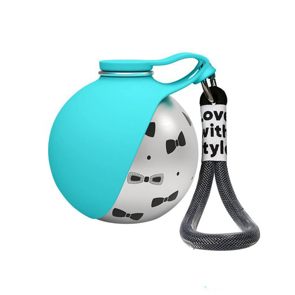 Teal portable pet water bottle with paw-print design and carry strap