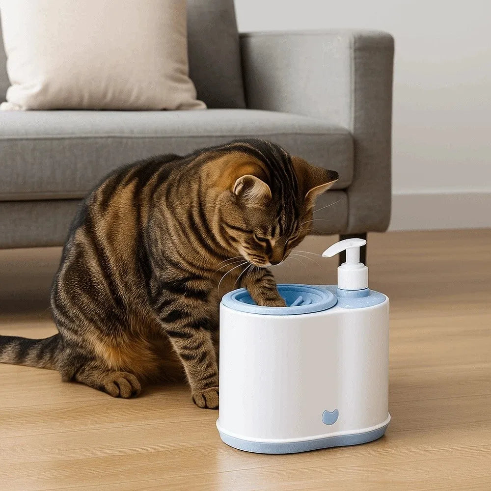 Pet foot washer with soap pump and round massage cup, shown with a cat