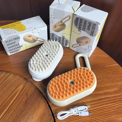 Electric steam pet brush set with white base, orange bristle head, and corded handle