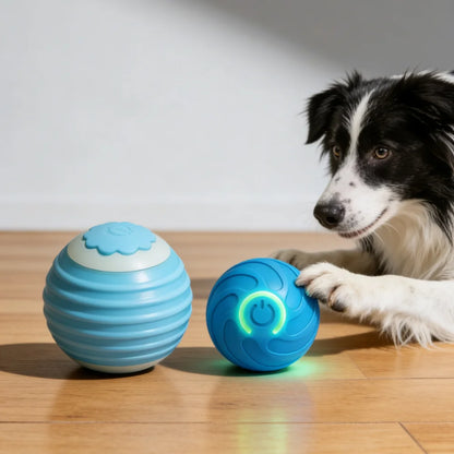 Blue automatic cat toy ball with cloud top and paw-activated chase rope
