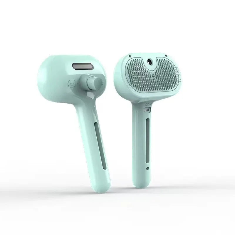 Teal electric steam pet grooming brush pair with pin bristle heads and handle controls