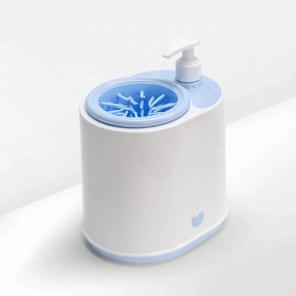 Pet foot washer unit with circular massage cup and soap pump, blue accents
