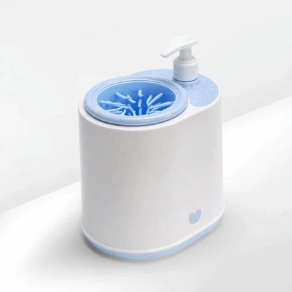 Pet foot washer unit with circular massage cup and soap pump, blue accents