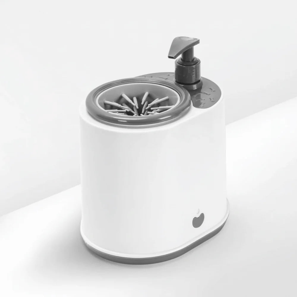 Pet foot washer unit with circular massage cup and pump on top, grey accents