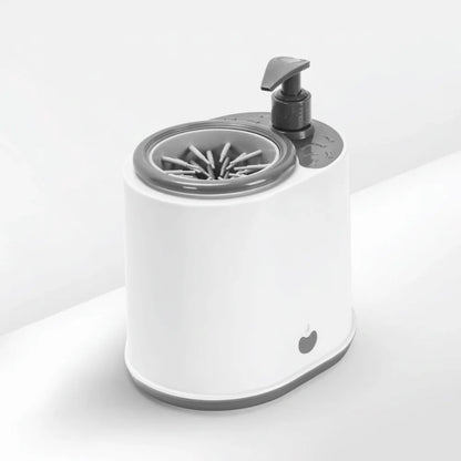 Pet foot washer unit with circular massage cup and pump on top, grey accents