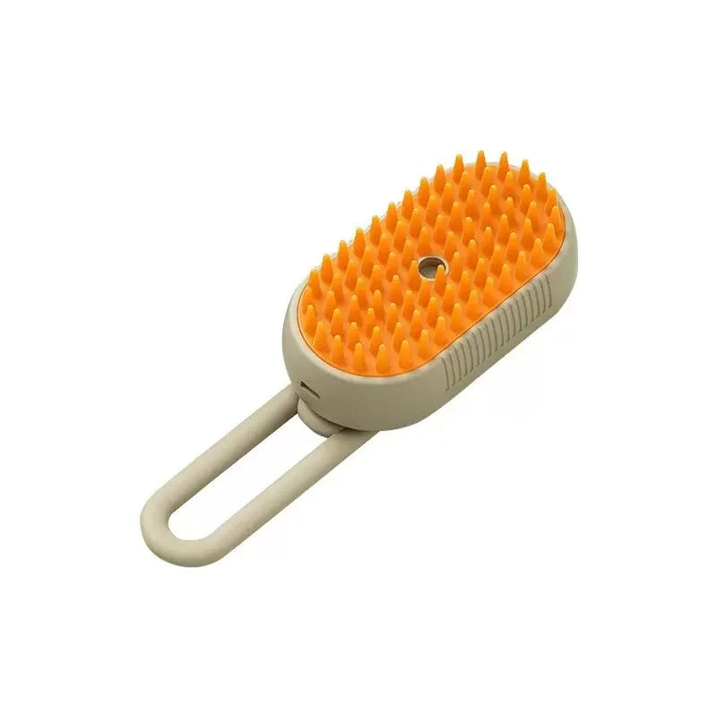 Orange pin grooming brush with white base and handle, steam spray pet brush tool