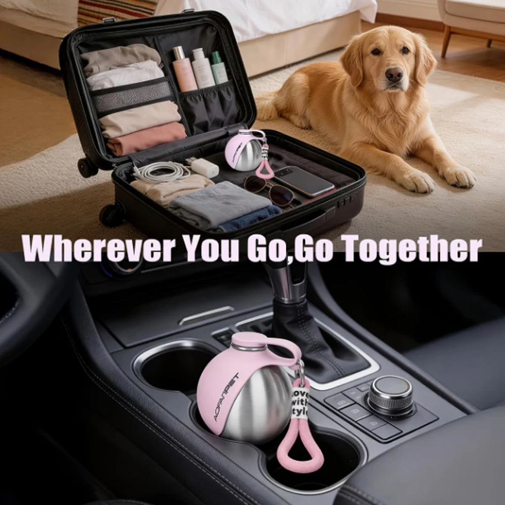 2-in-1 portable dog water bottle with bowl, pink and silver, in travel organizer case