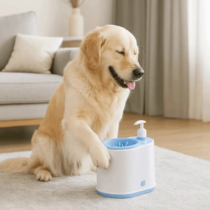 Pet paw washer next to golden retriever, white body with blue basin and pump