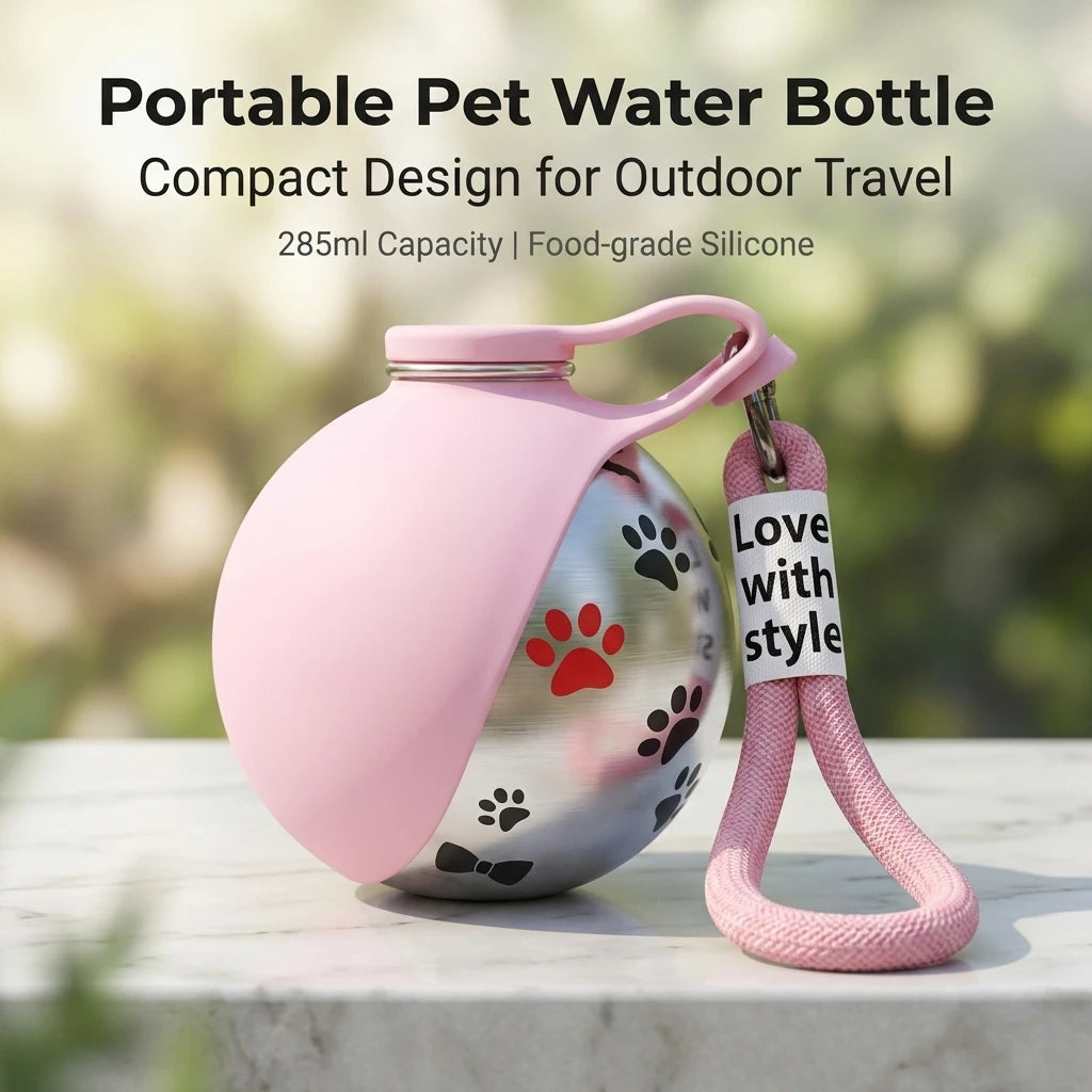 Pink portable pet water bottle with paw-print design and carry strap, 285 mL