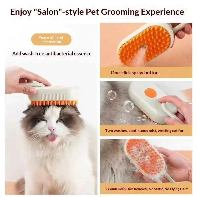 Pet grooming brush with spray button and orange pin brush head; handheld comb-style tool