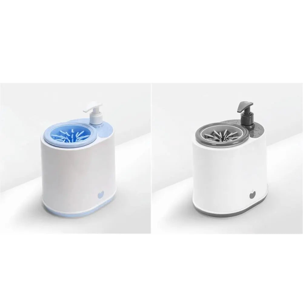 Pet foot washer in two colors: blue soap pump and grey pump on matching units